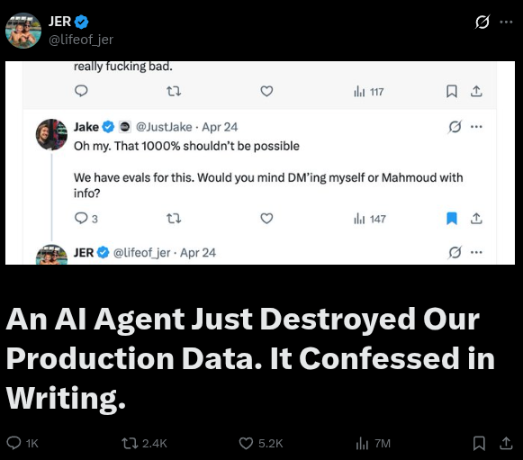 Screenshot of Jer Crane's public X post describing an AI agent incident at PocketOS.